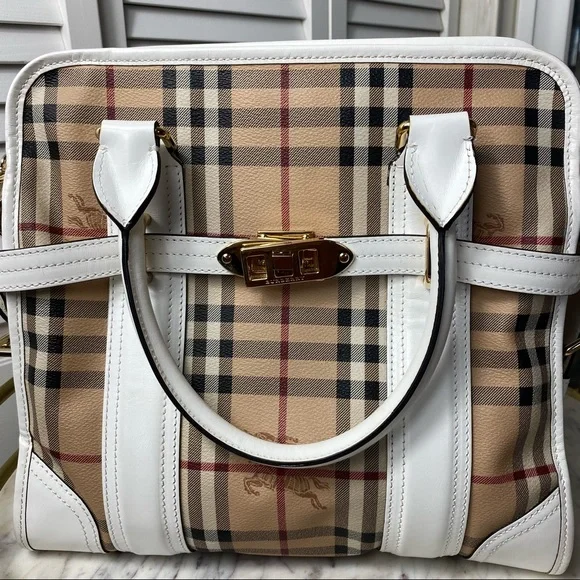 VTG Burberry Minford Satchel Haymarket Coated Canvas White Leather Gold Hardware - Picture 3 of 16